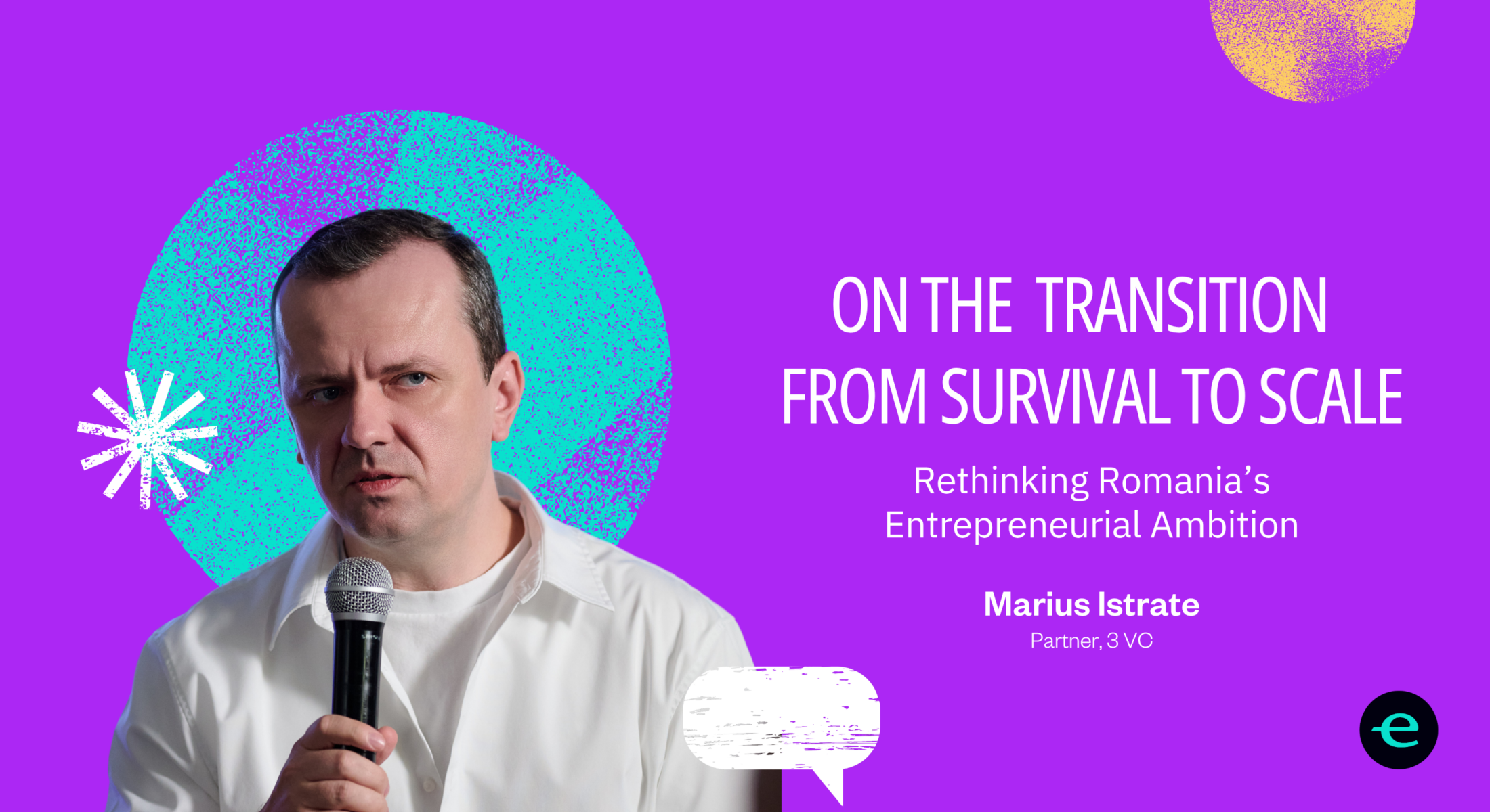 visual with Marius Istrate talking on the microphone, and the interview title