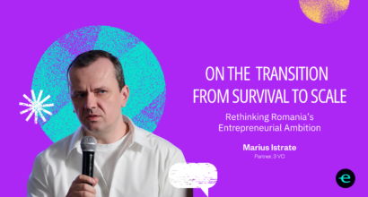 visual with Marius Istrate talking on the microphone, and the interview title